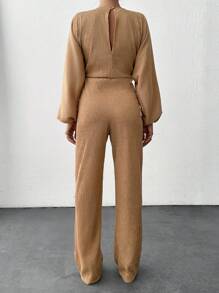 RueChic V Neck Long Sleeve Cut Out Detailed Women's Chic Jumpsuit - Beige - View 2