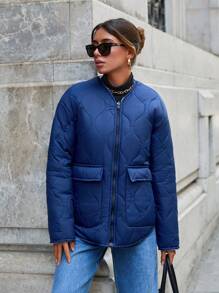 RueChic Frenchy REVERSIBLE Quilted Pocket Detailed Zip Up Stylish Down Jacket - Baby Blue - View 8