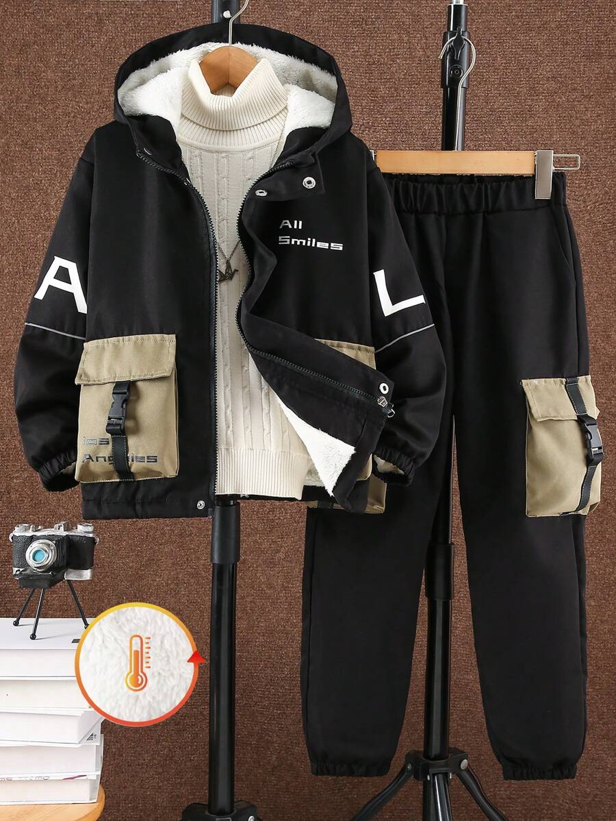 2 件套儿童男童休闲图案印花工装夹克和裤子套装，户外服装，秋冬 - 軍綠色 - 查看 1