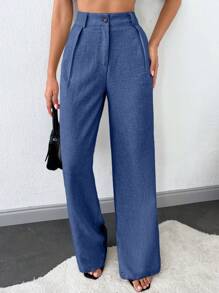 SHEIN Tall 高个子女士纯色斜口袋直腿裤 - 藍色 - 查看 5