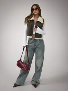 SHEIN BAE 女士休闲翻领撞色蓬松背心夹克秋冬季 - 咖啡棕 - 查看 1