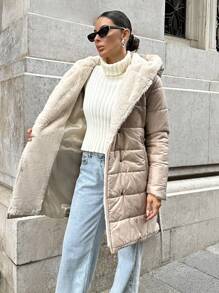 RueChic Damski beżowy zimowy płaszcz z futrzanym detalem z królika, codzienne ubrania