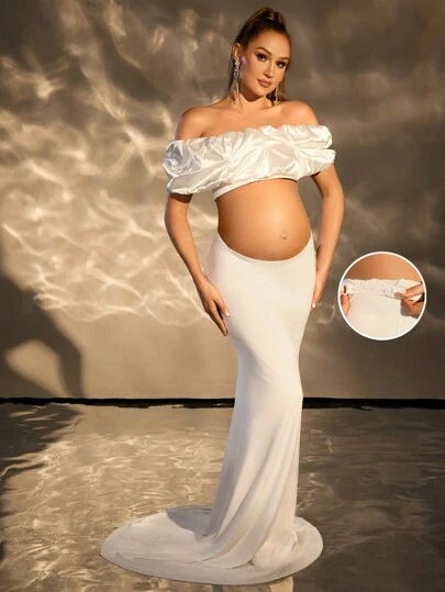 Cheriluna Maternity 孕妇性感露肩超短上衣搭配低腰拖裙摄影、拍照