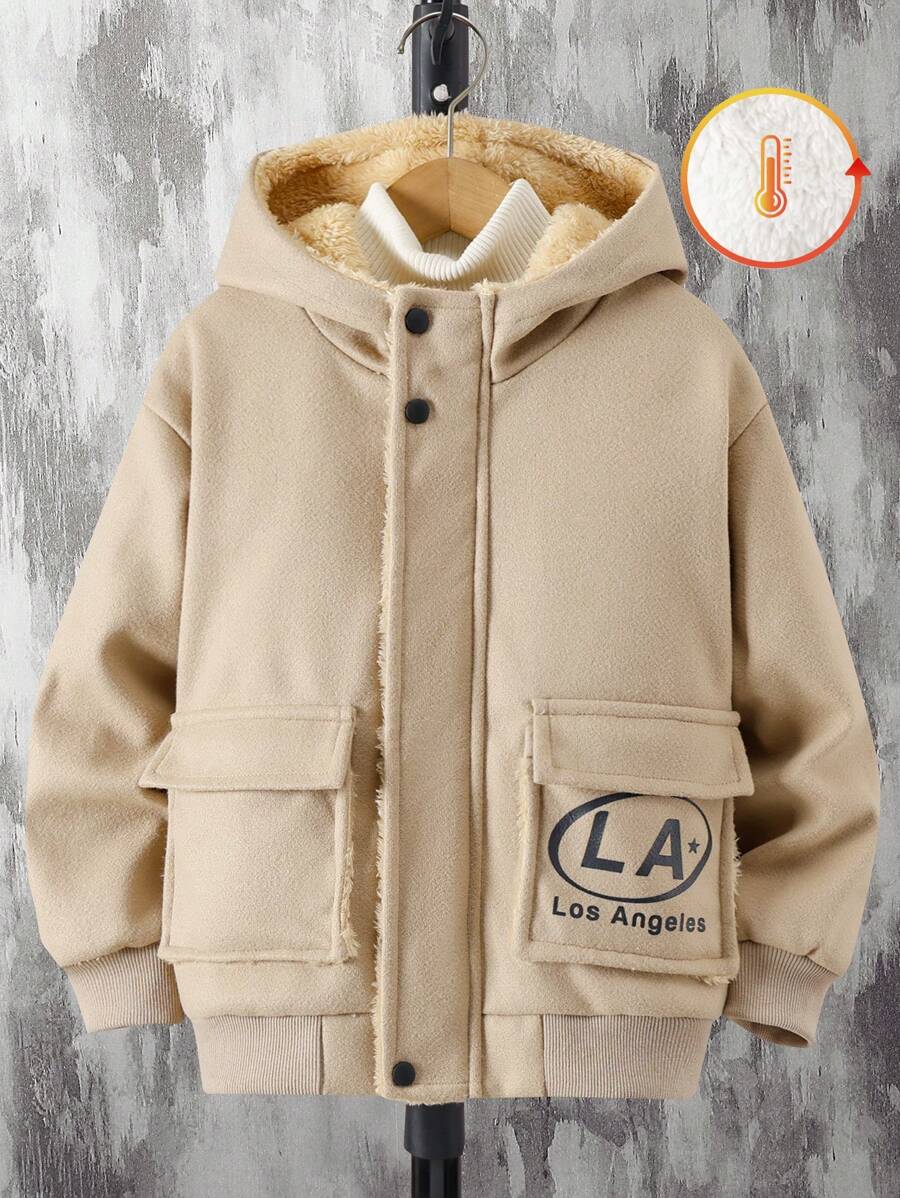 1件装青少年男童休闲实用口袋保暖连帽夹克，保暖冬季外套，通勤日常穿着 - 卡其色 - 查看 1