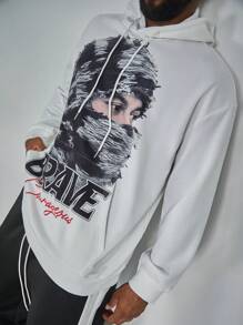 Manfinity LEGND Sudadera holgada con estampado de personaje y letras, cuello redondo y bolsillo canguro, para hombre de talla grande, estilo casual de calle, primavera/otoño - Blanco - Ver 2
