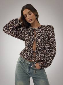 SHEIN BAE 女式前系带长袖豹纹夹克，休闲装秋季女士夹克节日服装冬季女士外套冬季女装秋季女装豹纹外套泡泡袖夹克圣诞服装冬季外套生日女装 - 彩色 - 查看 4