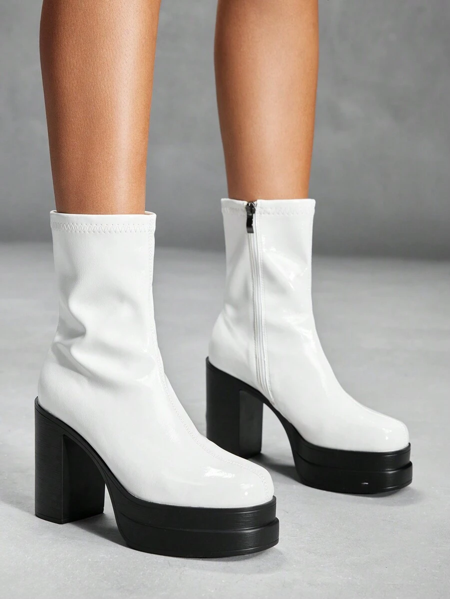 CUCCOO SZL Square Toe Thick Heel Waterproof Platform Mid-Calf Boots For Women - White - View 1
