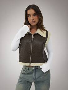 SHEIN BAE 女士休闲翻领撞色蓬松背心夹克秋冬季 - 咖啡棕 - 查看 3