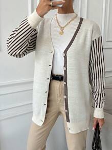 EURMUSE Women Stripe Detailed Sleeve V-Neck Front Button Drop Shoulder Cardigan - Beige - View 2