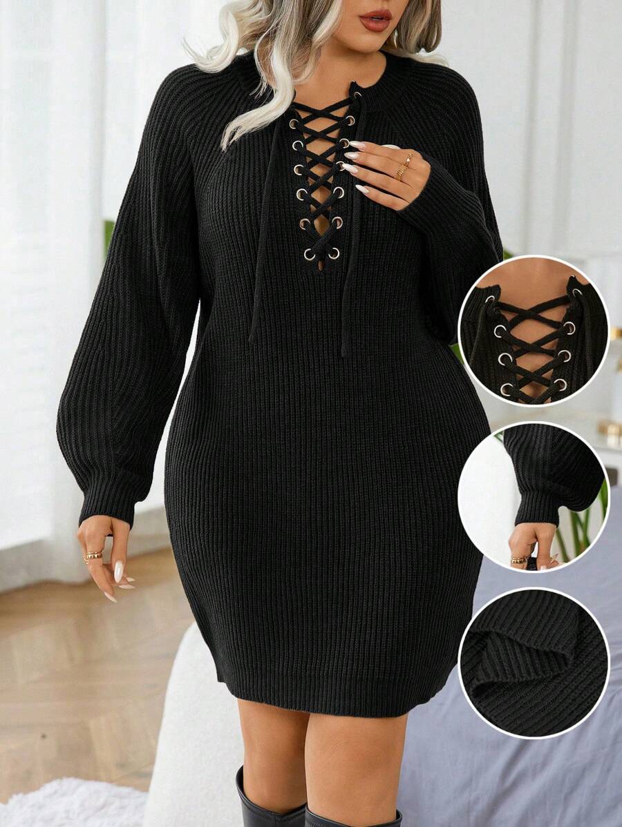 Calvaya Váy len đan chéo tay đèn lồng màu trơn cỡ lớn thường ngày, mùa thu/đông - màu đen - Xem 1