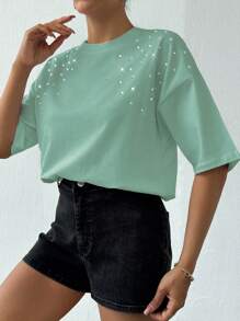 RueChic 100% 纯棉女款白色水钻 T 恤 - 薄荷藍 - 查看 3