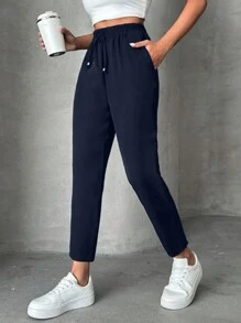 SHEIN PETITE Petite Pants With Drawstring, Slanted Pockets - Navy Blue - View 4
