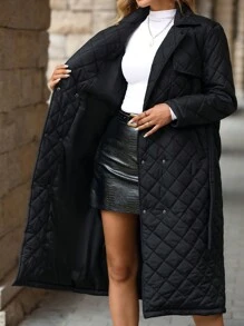 SHEIN Clasi Áo khoác đệm dài tay cài nút phía trước màu trơn cho nữ - màu đen - Xem 8