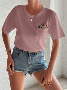 EURMUSE T-Shirt With Flower Embroidery, Round Collar, Pocket Details - Pink - View 4