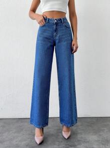 Cottnline Quần Jeans Denim Dáng Rộng Dáng Thẳng Thường Ngày Có Chi Tiết Túi Cho Nữ - Rửa trung bình - Xem 1