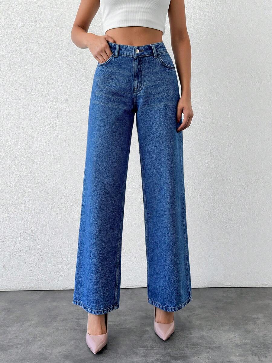 Cottnline Quần Jeans Denim Dáng Rộng Dáng Thẳng Thường Ngày Có Chi Tiết Túi Cho Nữ - Rửa trung bình - Xem 1