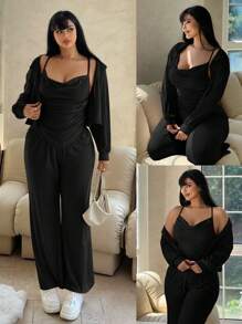 Flirla Plus Size Solid Color Casual Pleated Camisole And Jacket With Pants 3-Piece Set, Autumn - Black - View 1