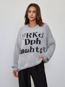 Chiquease 女士圆领长袖字母图案休闲套头毛衣 - 灰色 - 查看 6