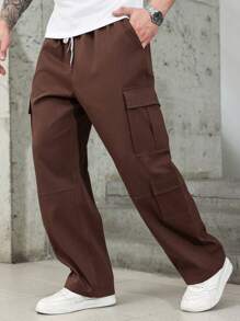 Manfinity Homme 男式大码休闲纯色直筒工装裤 - 酒紅色 - 查看 3