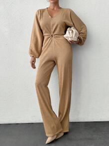 RueChic V Neck Long Sleeve Cut Out Detailed Women's Chic Jumpsuit - Beige - View 3