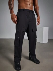 Manfinity Roughcore Plus Size Men Street Style Solid Color Flap Pocket Loose Cargo Pants, Fall - Black - View 5