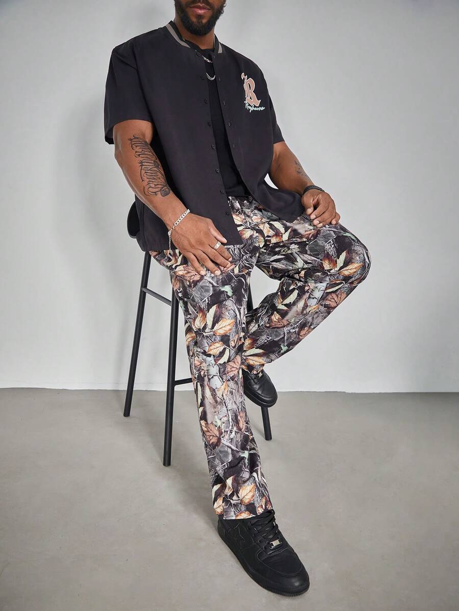 Manfinity LEGND 男士大码休闲夏季字母印花纽扣衬衫和树叶印花裤 2 件套 - 彩色 - 查看 1