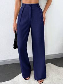 SHEIN Tall Tall Women's Solid Slant Pocket Straight Leg Pants - Navy Blue - View 5