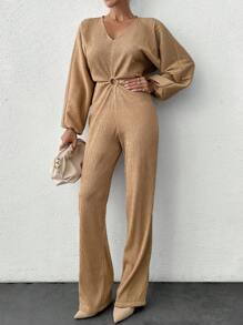 RueChic V Neck Long Sleeve Cut Out Detailed Women's Chic Jumpsuit - Beige - View 7