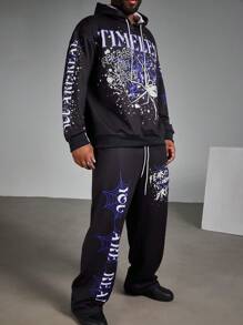 Manfinity LEGND Conjunto de 2 piezas de talla grande para hombre, de uso diario y casual, con sudadera con capucha y cordón estampada con letras y pantalón de chándal