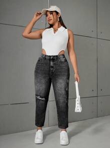 SHEIN ICON 大码女式口袋破洞锥形宽松休闲牛仔裤 - 黑色 - 查看 5