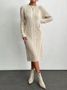 EURMUSE Women Round Neck Cable Knit Textured Midi Sweater Dress - Beige - View 5