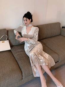 DAZY 女士天鹅绒 V 领收腰拼接鱼尾连衣裙，优雅派对晚礼服，中长款，秋冬舞会礼服