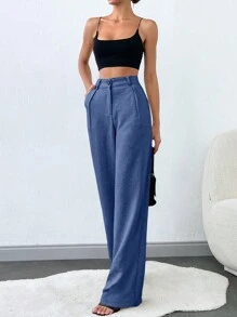SHEIN Tall 高个子女士纯色斜口袋直腿裤 - 藍色 - 查看 3