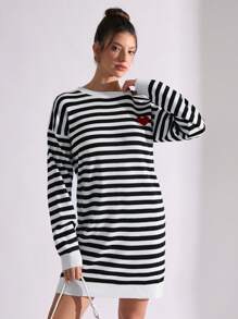 EURMUSE Cute Heart Crew Neck Striped Knit Sweater For Women - Black and White - View 5