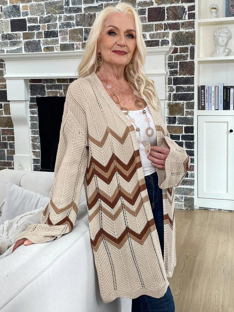 EMERY ROSE Women's Casual Drop Shoulder Striped Cardigan, Autumn/Winter Fall Cloth For Women - Apricot - View 1