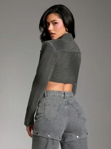 Denimoi Herbstkleidung für Frauen, Damen Oberteil mit breiten Trägern, stehendem Kragen und Reißverschluss vorn sowie Taschen, in anthrazitgrauem Denimstoff. Für Lässig, Alltag, Konzerte, Festivals, Partys