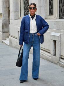 RueChic Frenchy REVERSIBLE Quilted Pocket Detailed Zip Up Stylish Down Jacket - Baby Blue - View 4