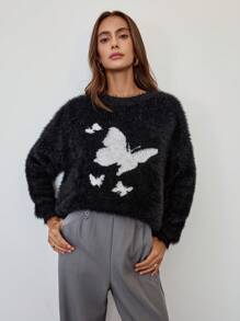 SHEIN Unity 女士休闲日常蝴蝶图案蓬松针织宽松毛衣，秋冬季 - 黑色 - 查看 3