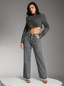 Denimoi Herbstkleidung für Frauen, Damen Oberteil mit breiten Trägern, stehendem Kragen und Reißverschluss vorn sowie Taschen, in anthrazitgrauem Denimstoff. Für Lässig, Alltag, Konzerte, Festivals, Partys