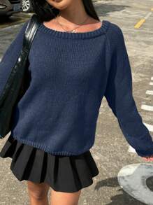 SHEIN EZwear 大码宽领长款宽松针织套头衫，秋冬大码 - 藍色 - 查看 3