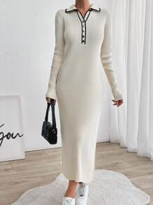 RueChic Body Corn Elegant Gold Button Lady Knit Dress - Beige - View 5