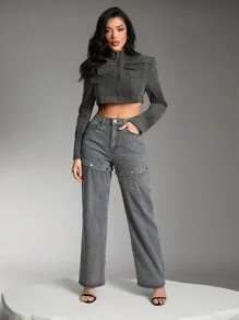 Denimoi Herbstkleidung für Frauen, Damen Oberteil mit breiten Trägern, stehendem Kragen und Reißverschluss vorn sowie Taschen, in anthrazitgrauem Denimstoff. Für Lässig, Alltag, Konzerte, Festivals, Partys