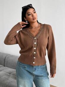 Calvaya Plus Size Plain Color Lace Patchwork Front Button Long Sleeve Minimalist Blouse