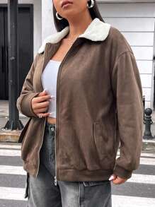 Flirla 大码扎染印花拉链休闲长袖夹克 - 棕色 - 查看 6