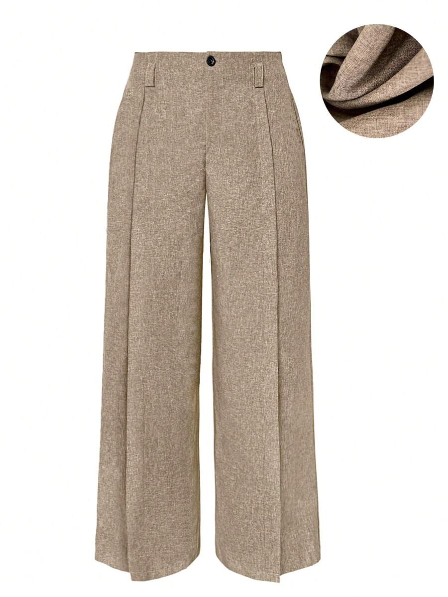 SHEIN Unity Plus Size Solid Color Front Button Casual Suit Pants, Everyday Wear - Khaki - View 1