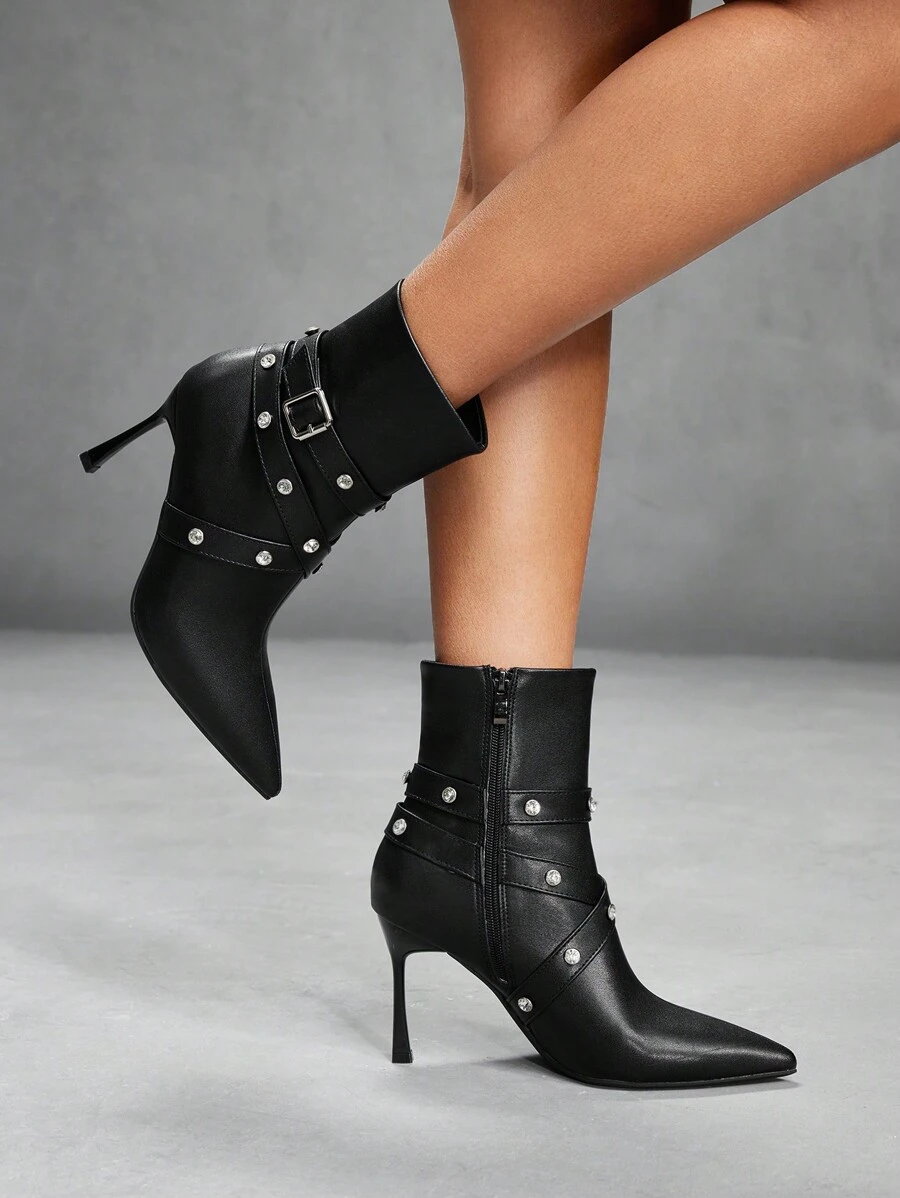 CUCCOO SZL Studded Pointed Toe High Heel Mid-Calf Boots For Women - Black - View 1