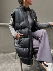 EURMUSE Ruffle Trim PU Leather Zip Up Puffer Vest Coat - Black - View 7