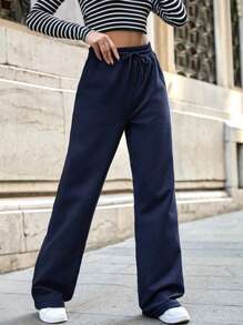 SHEIN Tall Cottnline Pocket Drawstring Sweatpants - Navy Blue - View 3