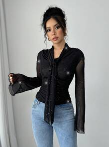Selianne Women's Fashionable Elegant Sparkly Flare Sleeve Tie Neck T-Shirt, Suitable For Autumn Fall Cloth For Women - Black - View 4