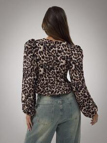 SHEIN BAE 女式前系带长袖豹纹夹克，休闲装秋季女士夹克节日服装冬季女士外套冬季女装秋季女装豹纹外套泡泡袖夹克圣诞服装冬季外套生日女装 - 彩色 - 查看 6